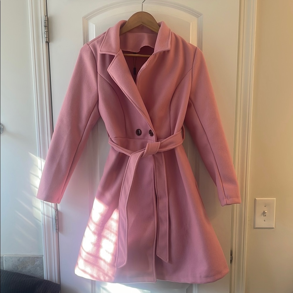 Chic Pink Pea Coat with Belted Waist